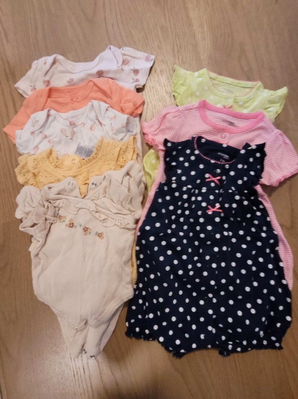 Assorted Baby Girl Onesies - Navy Polka Dot, Pink, Yellow, Cream 3-6M